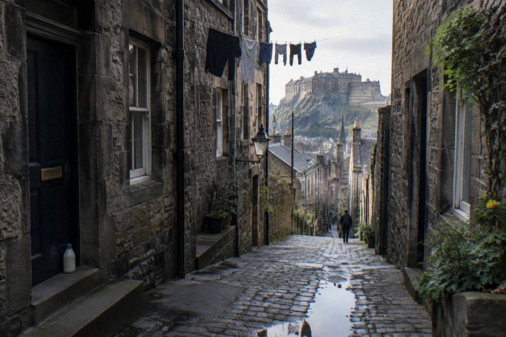 Cobbled close winding between old stone tenement buildings in Edinburgh