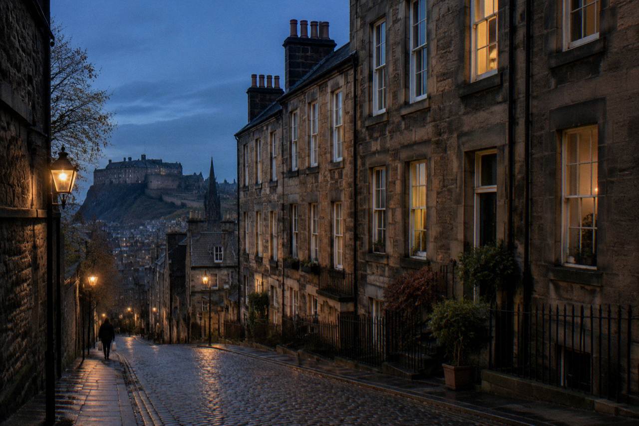 Georgian tenement facades above a quiet Edinburgh street at dusk