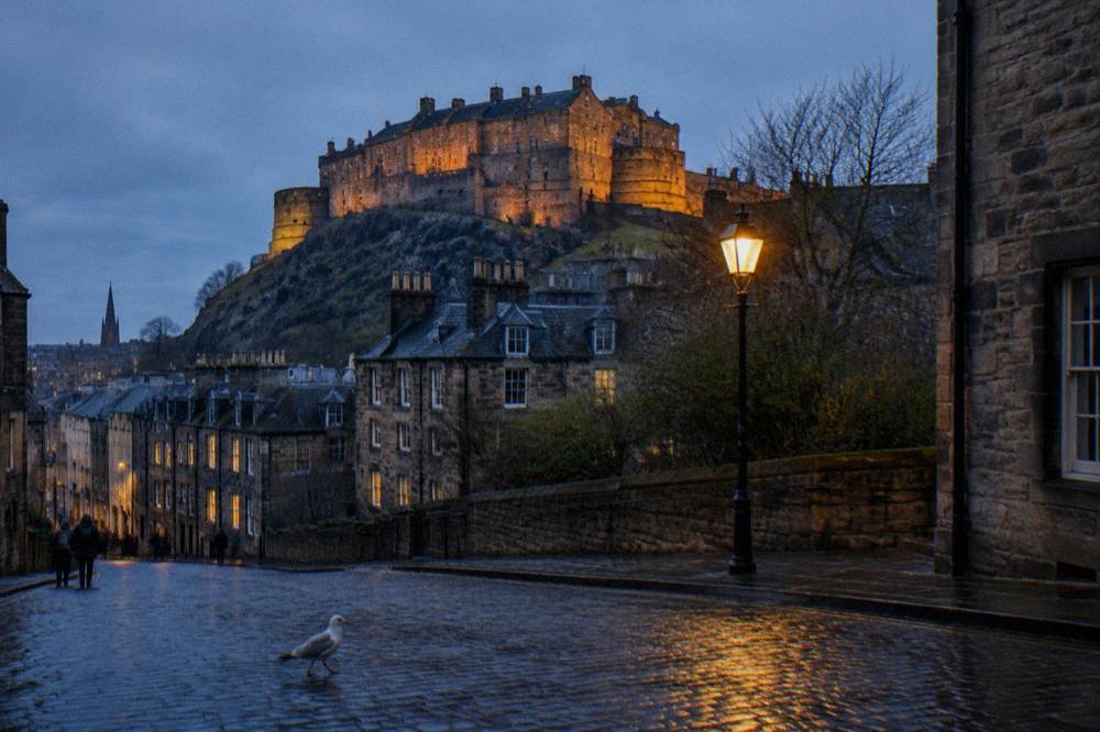Illuminated castle and city skyline at dusk from a rooftop vantage point