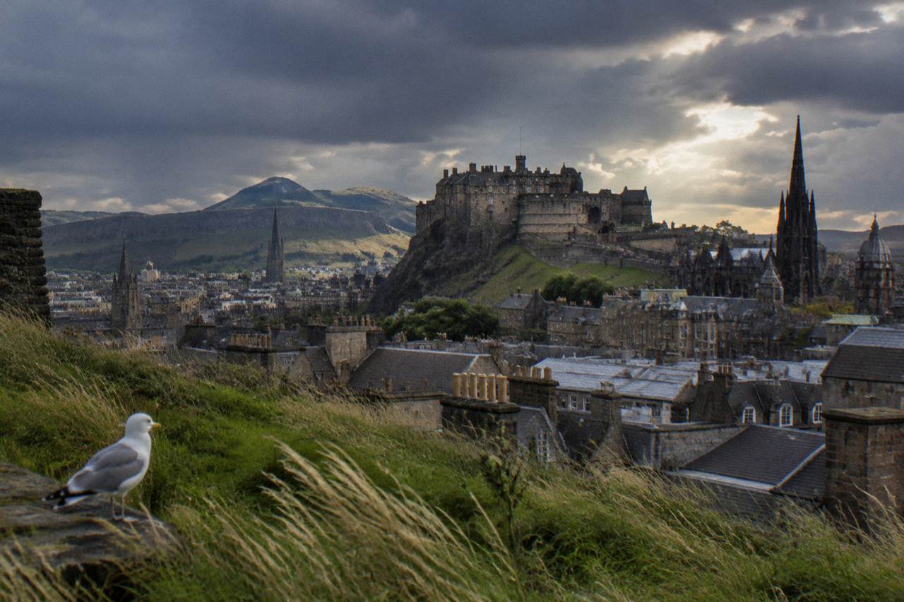 Old Town rooftops and Edinburgh Castle seen from a green hillside above the city