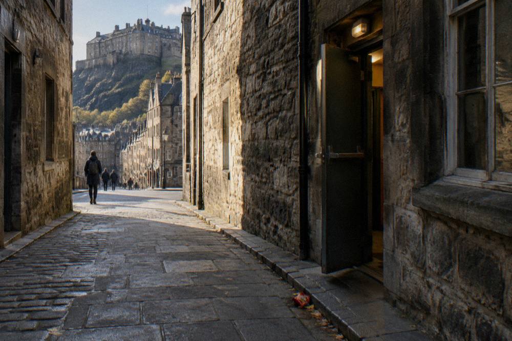 Cobblestone alley between stone buildings with a castle atop a hill in the distance