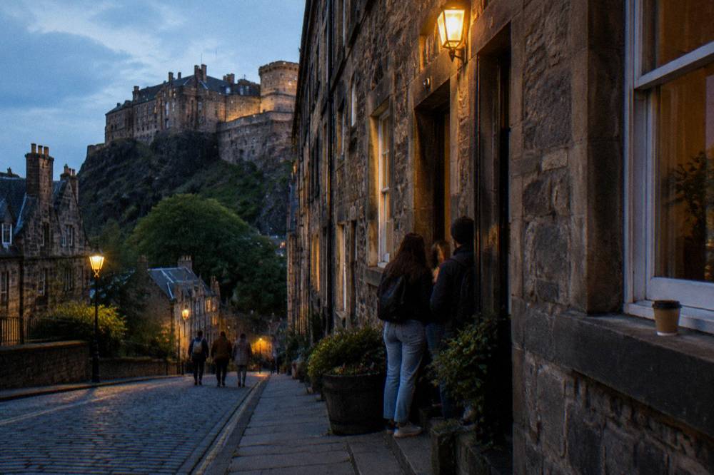 People on a cobbled street at dusk beneath a lit castle on a rocky hill
