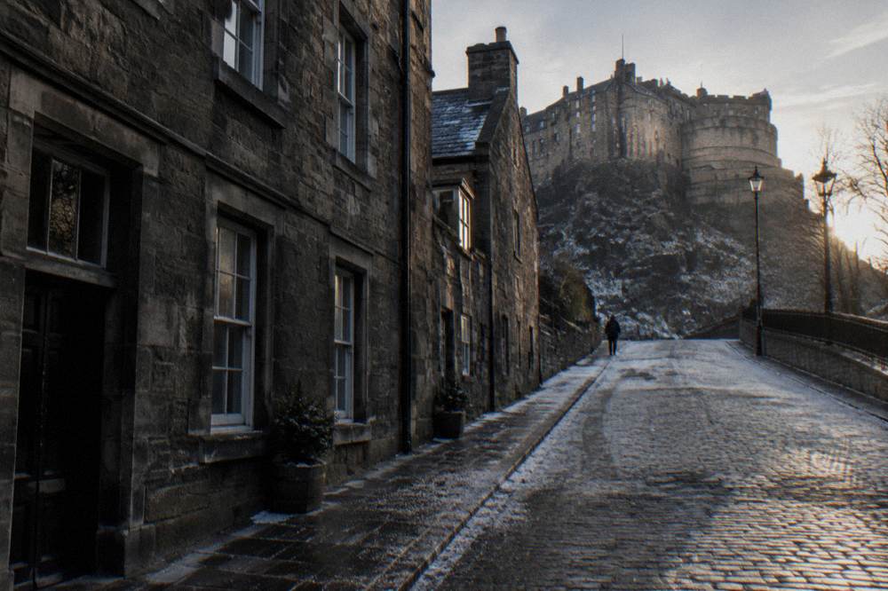 Snowy cobblestone street with stone buildings and a castle atop a rocky hill