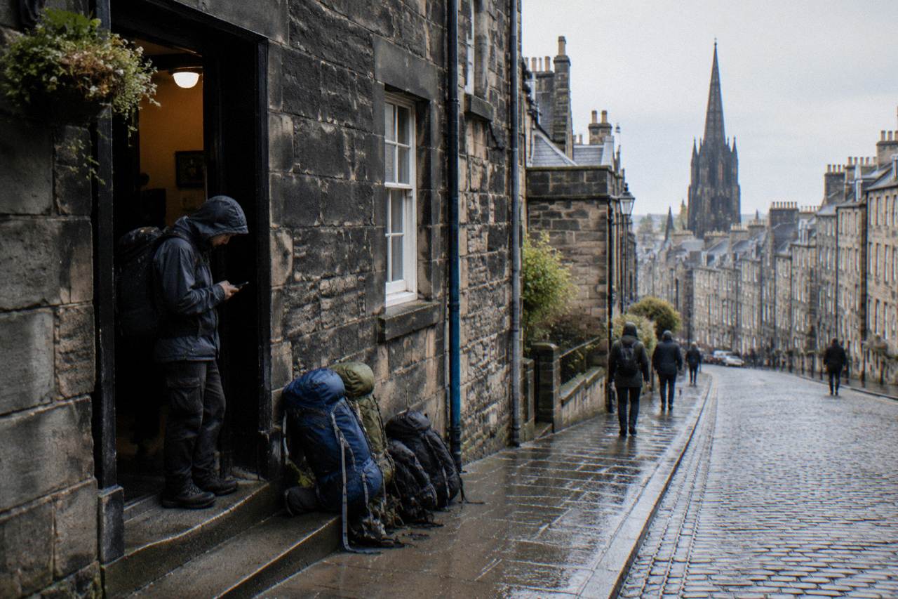 A backpacker stands in a stone doorway beside backpacks on a wet cobblestone street with a spire
