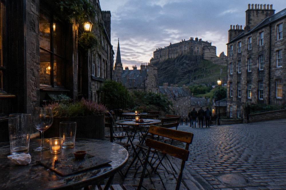 Tables set outside a stone pub on a busy Edinburgh street at dusk