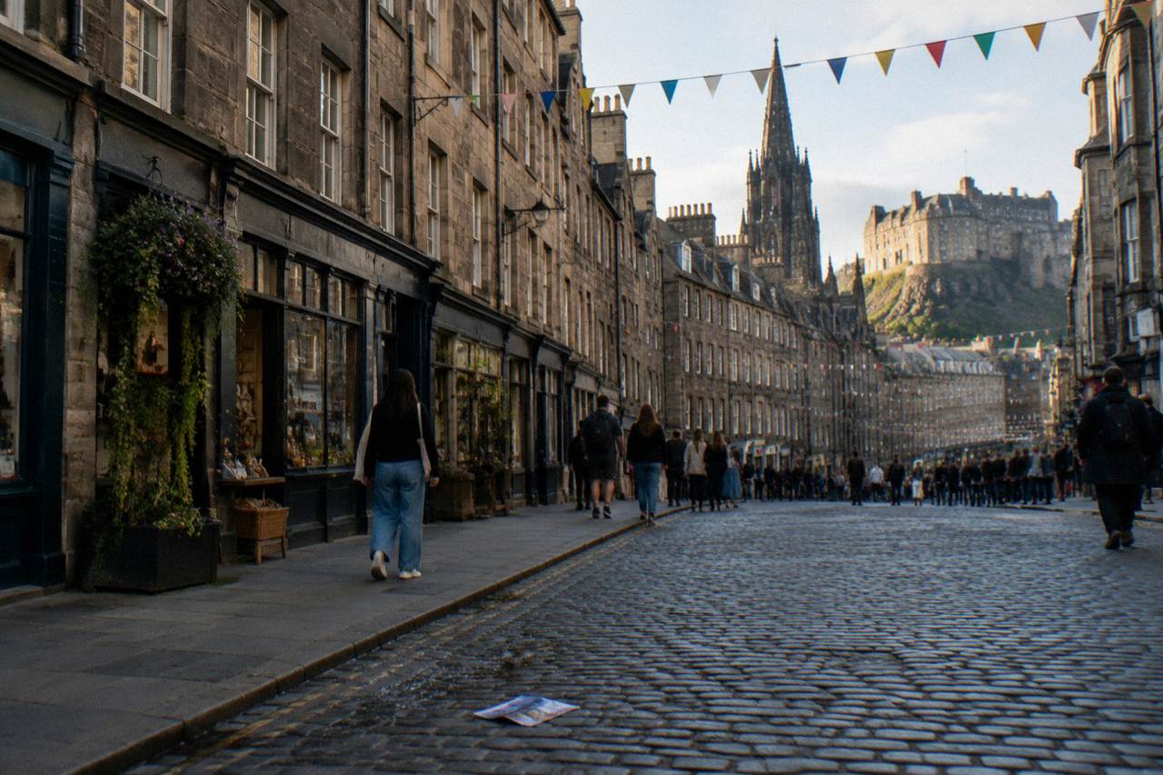 Royal Mile tenement buildings in Edinburgh during festival season with bunting overhead