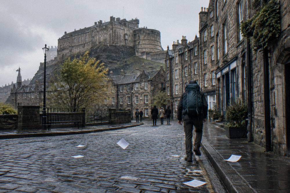 A person with a backpack walking up a wet cobbled street toward a castle on a rocky hill