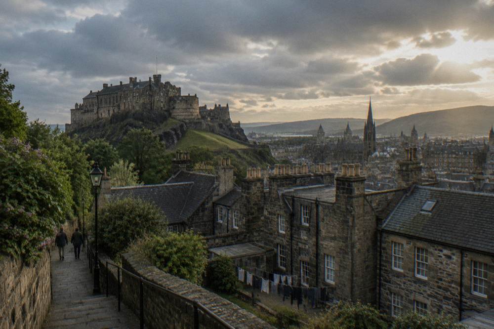 View over Edinburgh rooftops from Calton Hill with the castle in the distance
