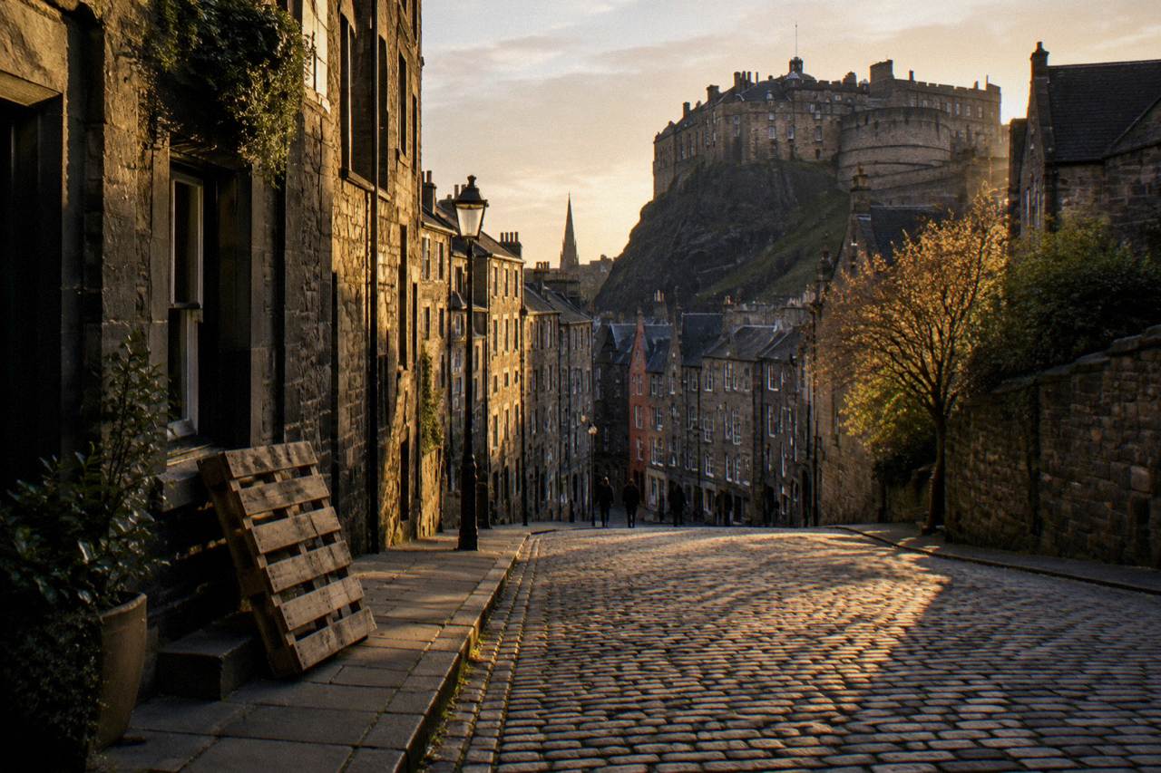 Cobbled Edinburgh street with historic tenement buildings rising toward the castle