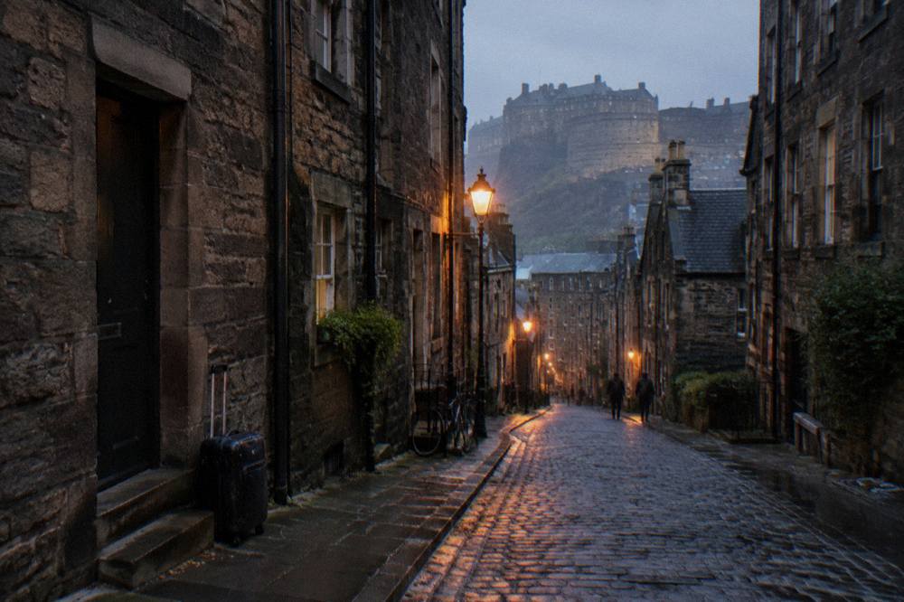 A cobbled Edinburgh close lit by warm street lamps at dusk