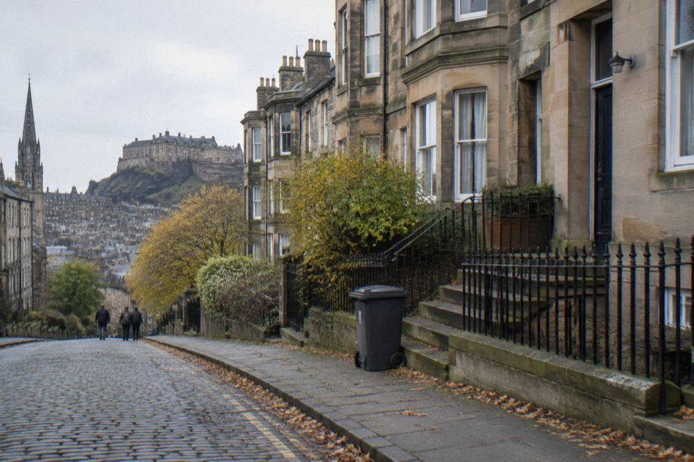 Victorian terrace guesthouse facade in a quiet Edinburgh side street