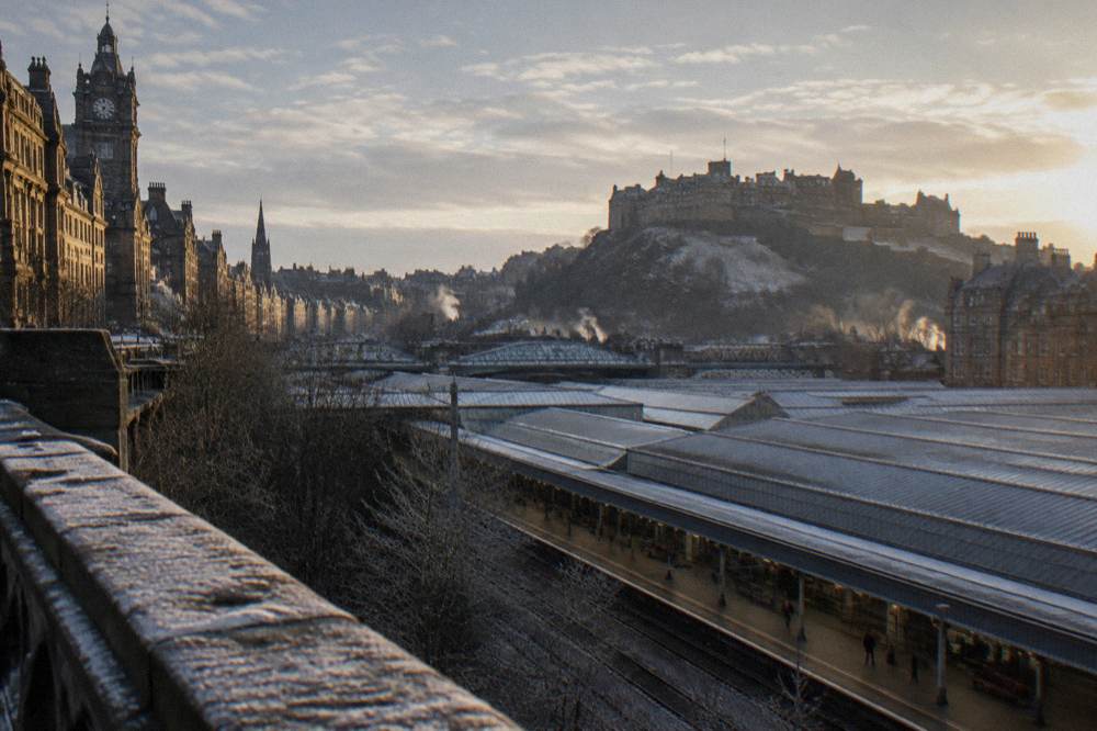 View over Edinburgh rooftops from Calton Hill in winter light