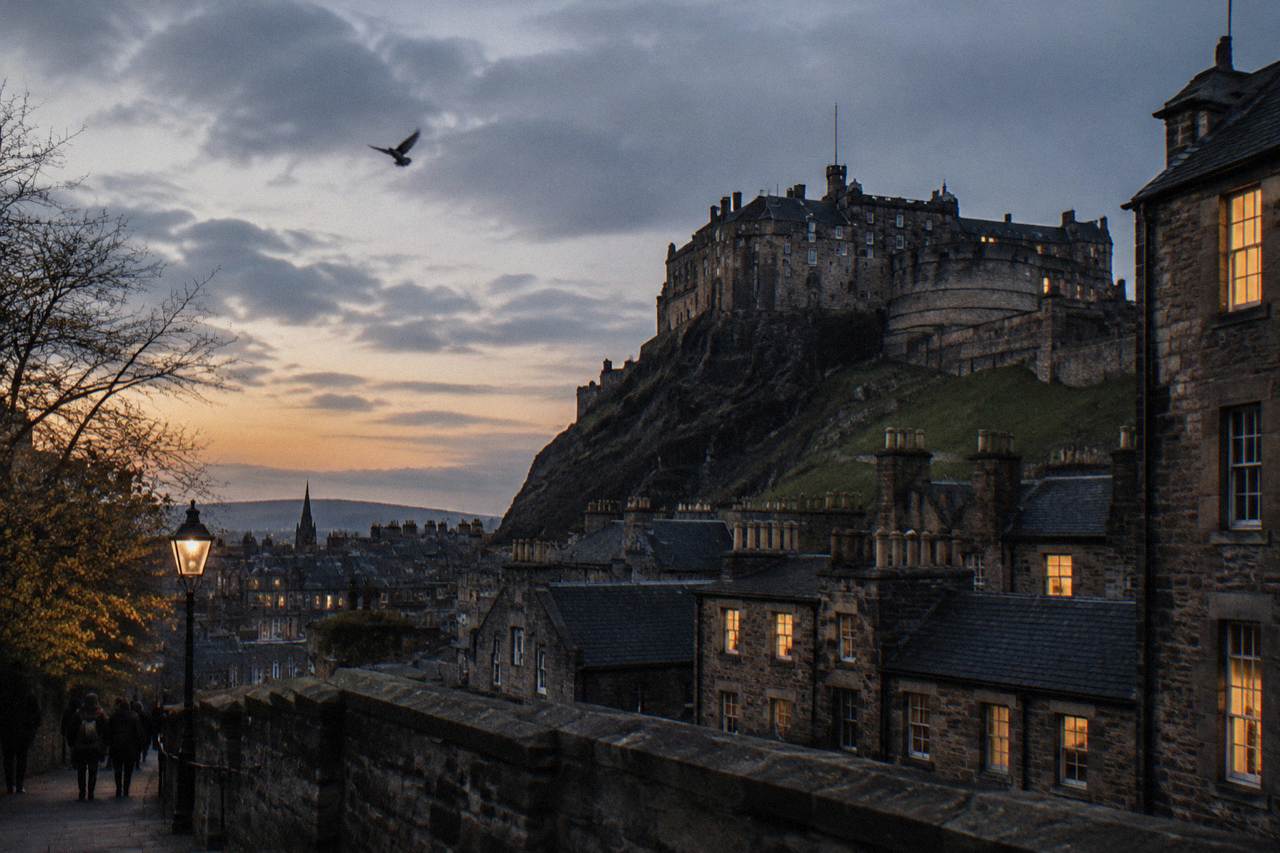Edinburgh Castle rising above the rooftops of the Old Town at dusk
