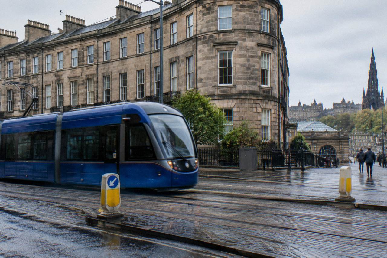 Georgian stone terrace and tram line at Haymarket in Edinburgh