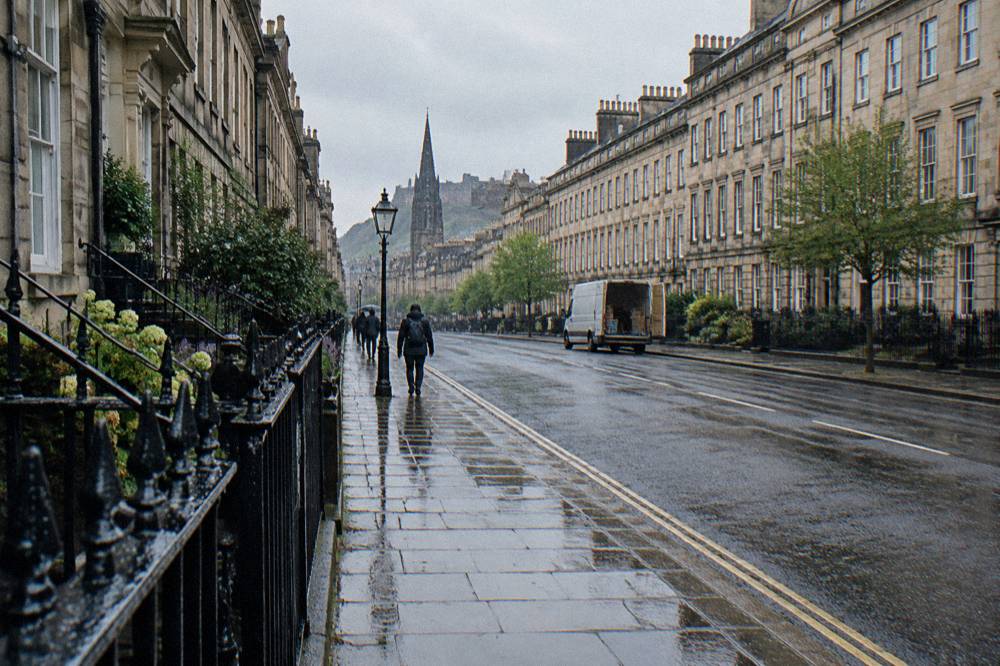 Georgian New Town terrace with symmetrical stone facades along a wide Edinburgh street