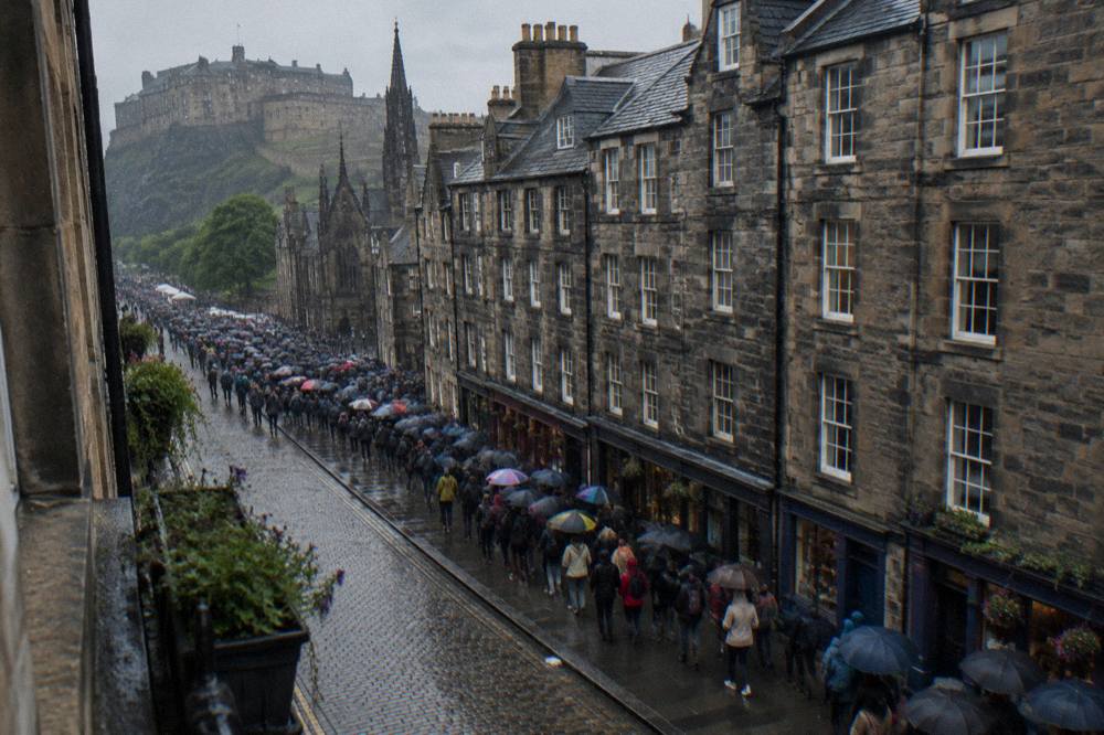 Crowded Royal Mile street scene during the Edinburgh festival season