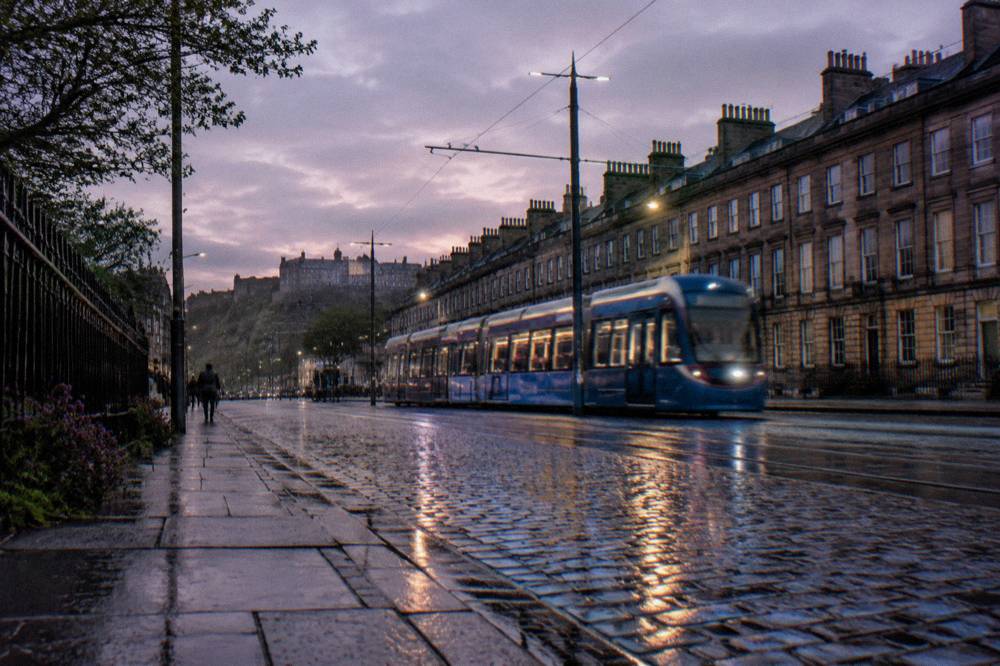Georgian terrace street in Edinburgh's New Town at dusk