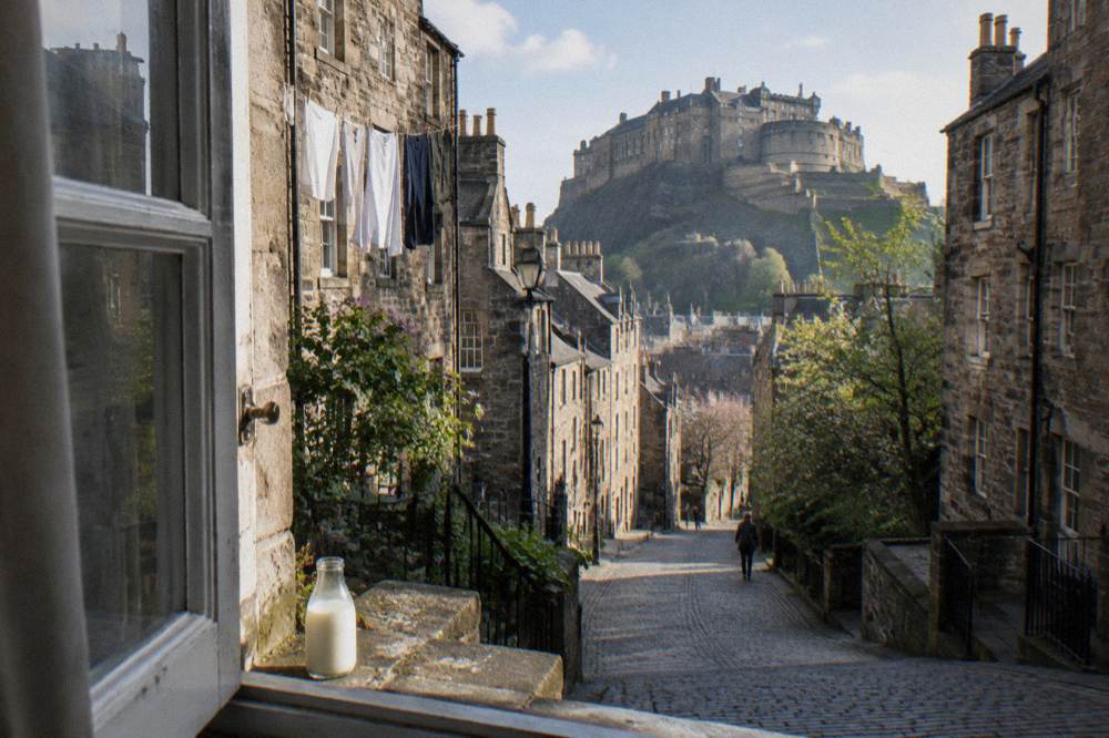 View through an open window onto a steep cobbled street with a castle on a rocky hill