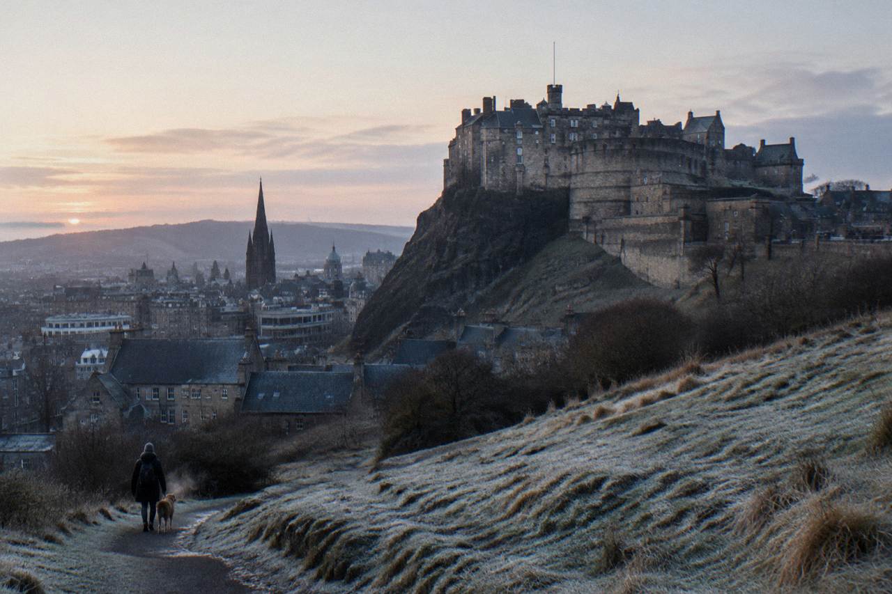 Edinburgh Old Town rooftops and castle seen from a green hillside above the city