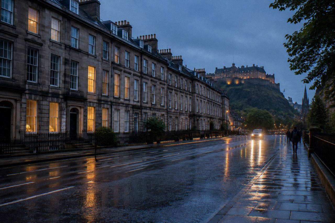 A Georgian terrace street in Edinburgh at dusk with stone facades and lit windows