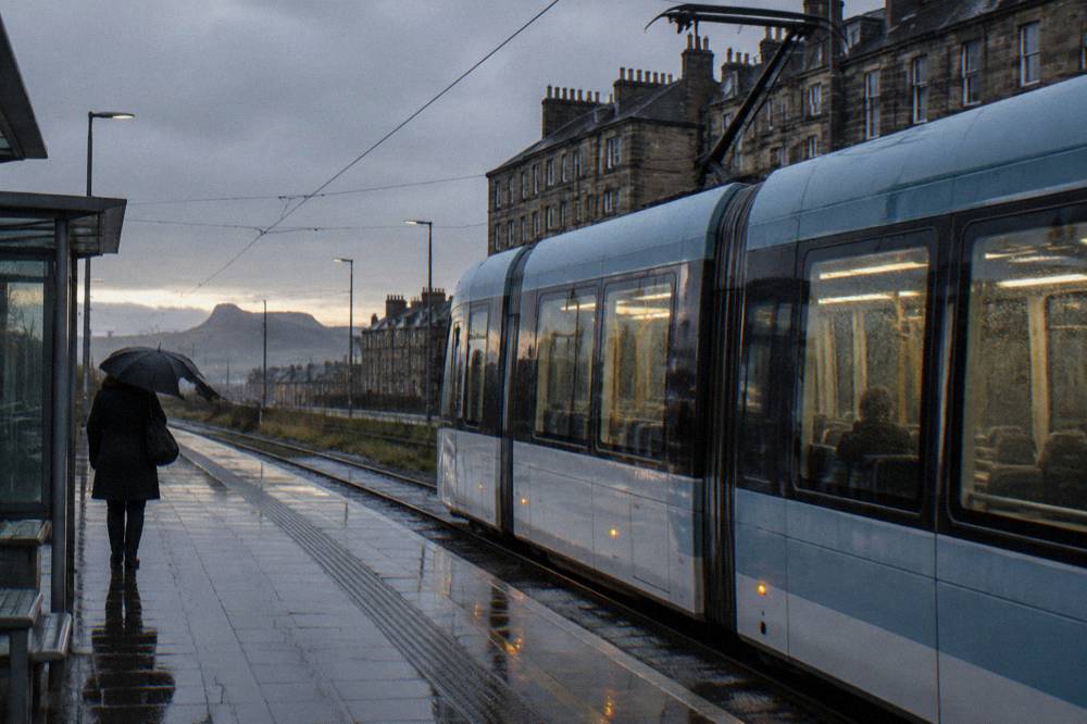 Tram travelling along a street in Edinburgh with tenement buildings behind