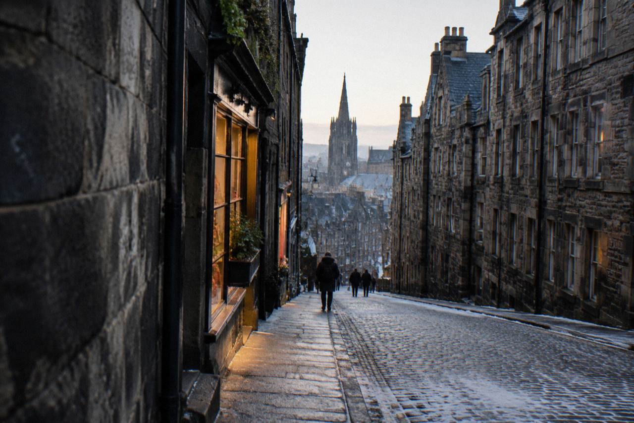 Cobbled close in Edinburgh Old Town with tall tenement walls either side