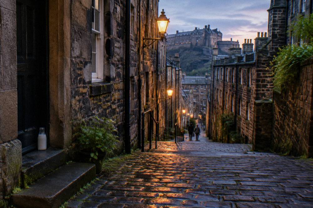 Cobbled close in the Old Town lit by evening lamps