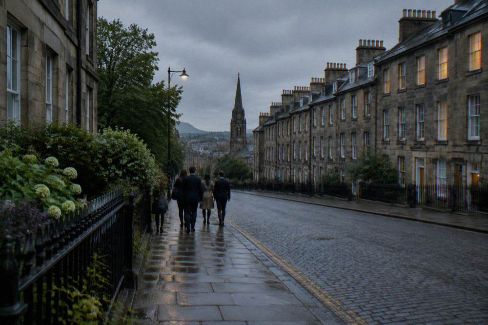 Pedestrians walking a rain-wet street lined with Georgian terraced houses and a church spire