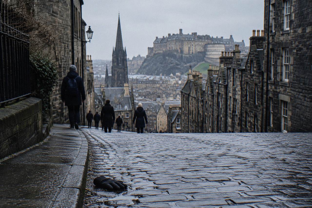 Pedestrians walk down a steep cobbled street toward Edinburgh Castle under grey skies