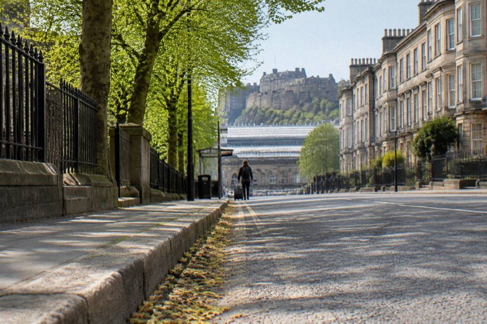 Georgian terrace and tree-lined street in Edinburgh's Southside on a quiet morning