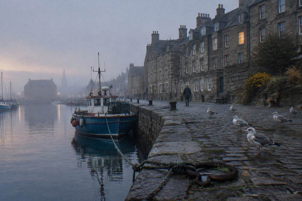 Waterfront buildings along the Shore in Leith with moored boats
