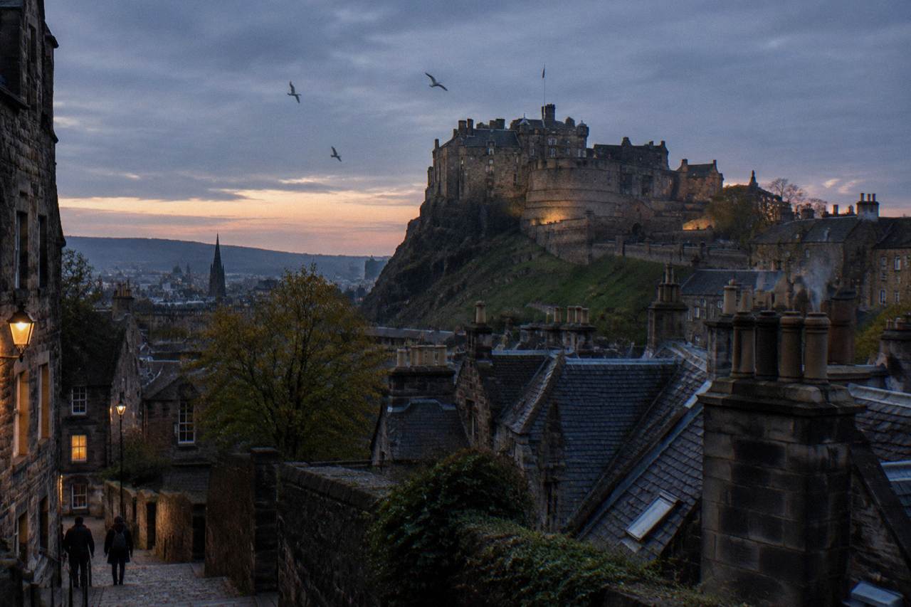 Edinburgh rooftops and castle above the city skyline at dusk