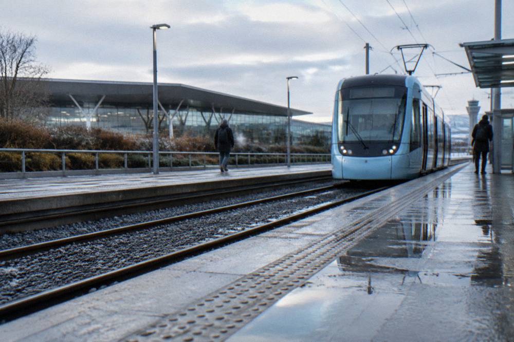 Edinburgh tram at the airport stop with the terminal in the background