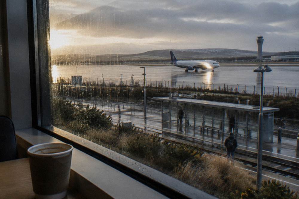 Hotel room window looking out over a runway with a plane taxiing in morning light