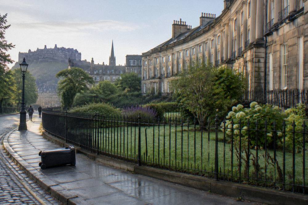 Georgian New Town crescent of pale stone townhouses on a calm morning