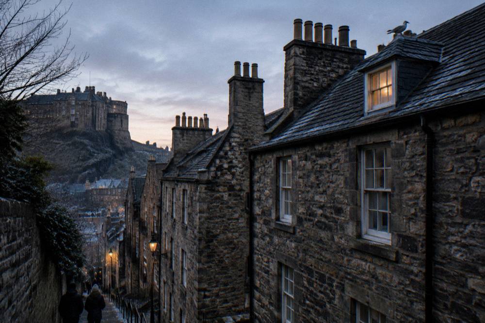Stone tenement facades and chimney pots above the Old Town rooftops at dusk