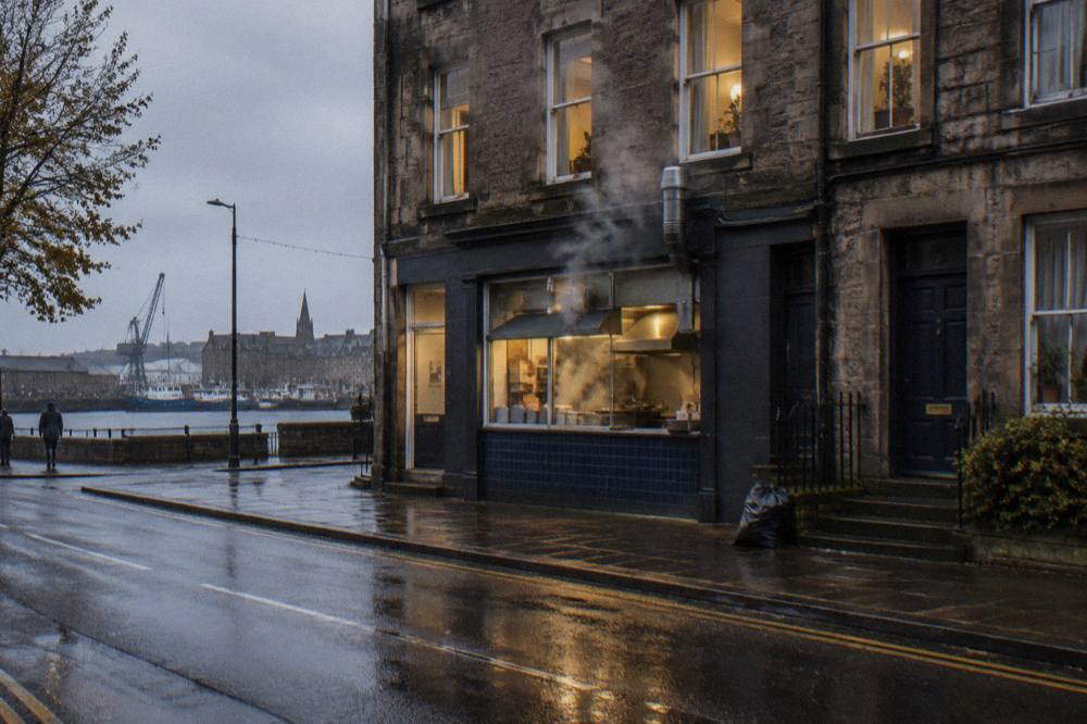 Rainy street exterior of a stone building with a lit takeaway shop near a harbour