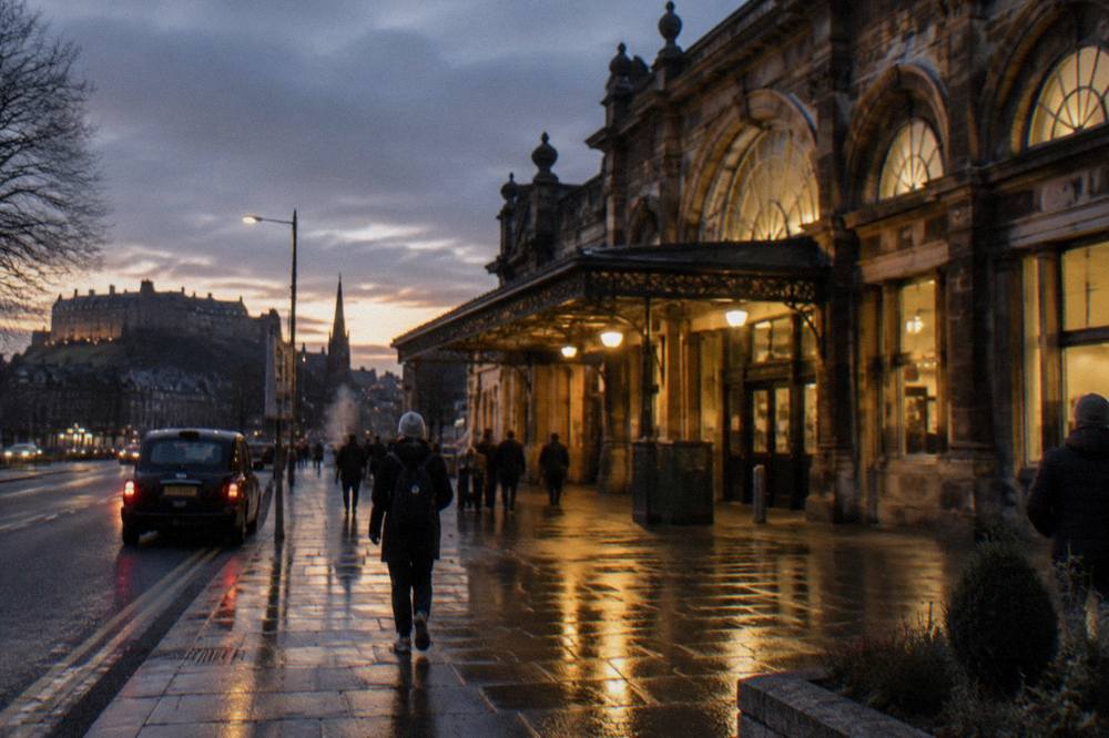 Wet city pavement at dusk with pedestrians, a taxi and historic stone buildings