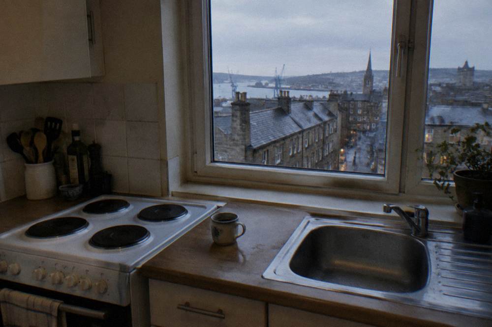 Kitchenette in a modern apartment with hob, sink and cupboards