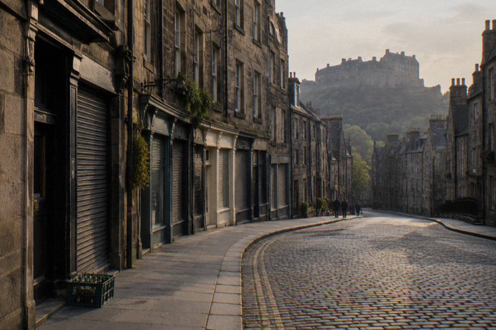 Stone tenement facade on a curved Old Town street with shops below