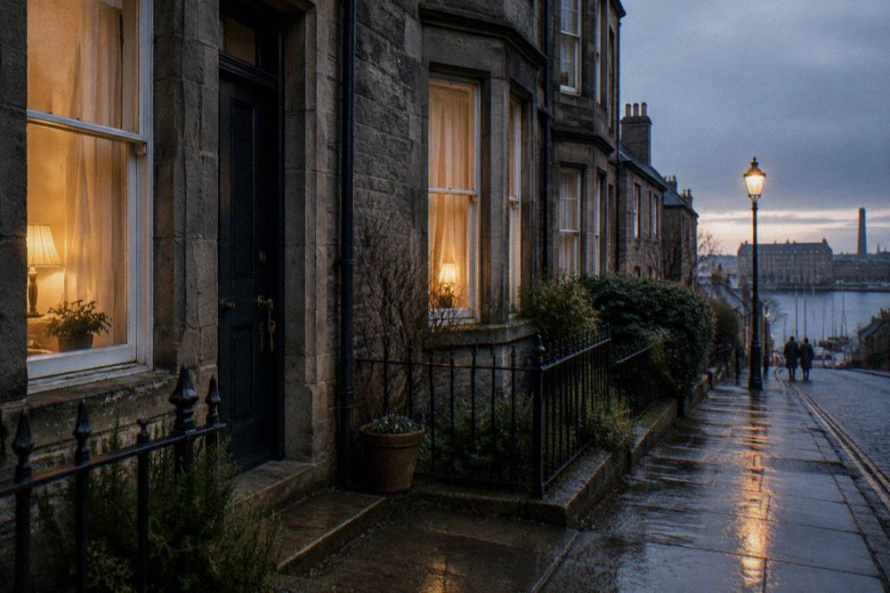 A wet stone street at dusk with lit terraced windows, a lamppost, and distant harbour