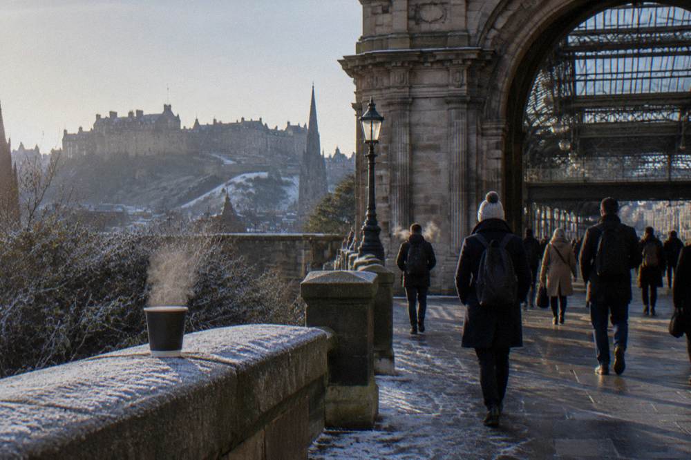 People walk a snowy stone terrace with a castle skyline and a steaming cup