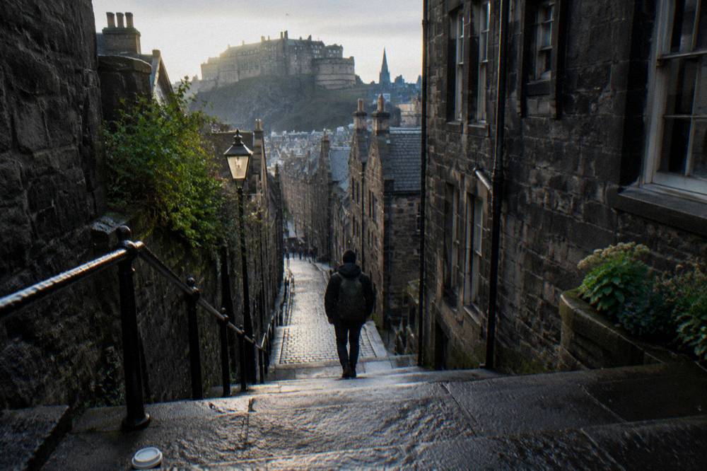 A person descends stone steps on a narrow cobbled street with a castle silhouette behind