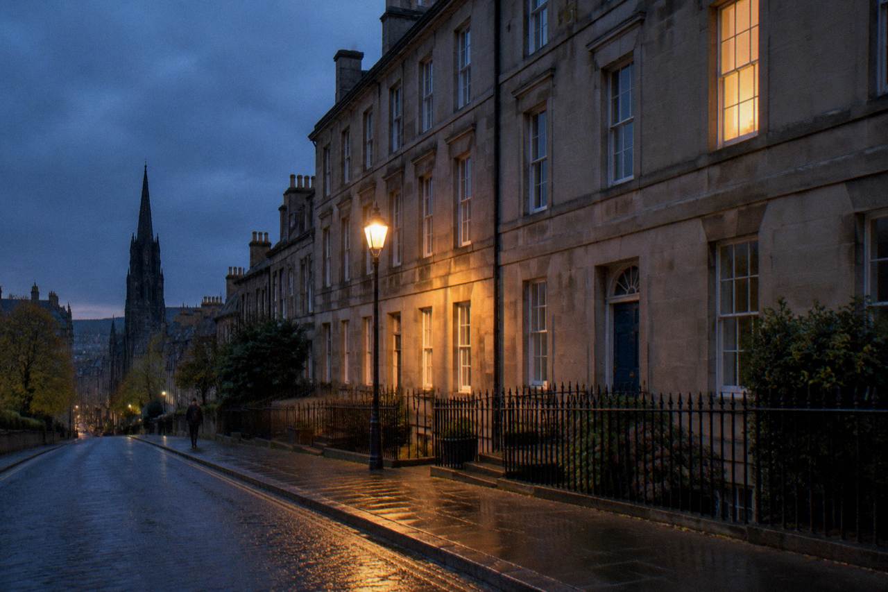 Georgian terrace façade of a budget hotel on a quiet Edinburgh street at dusk