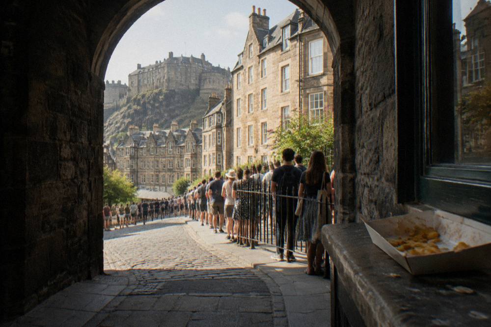 Royal Mile street scene with festival crowds and tenement stone buildings in August