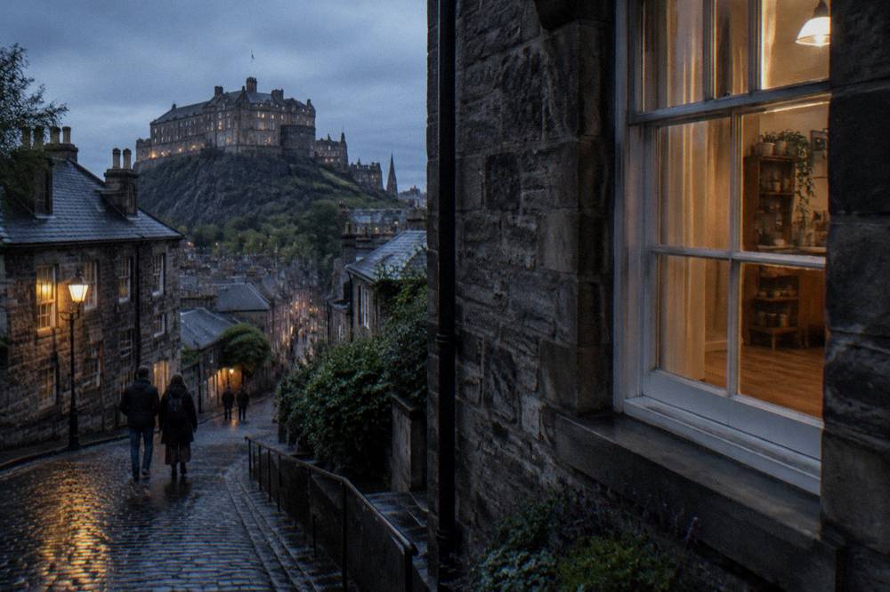 Cobbled street at dusk leading toward Edinburgh Castle, with a lit window and pedestrians