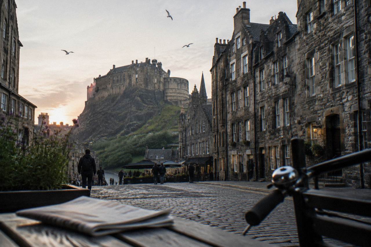 Cobbled Edinburgh close with tenement buildings rising above the Royal Mile in summer light