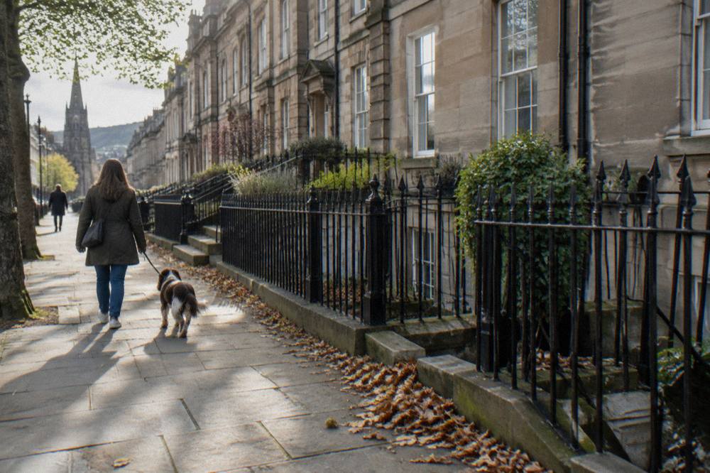 A dog on a lead walking beside a row of Georgian townhouses on a quiet Edinburgh street