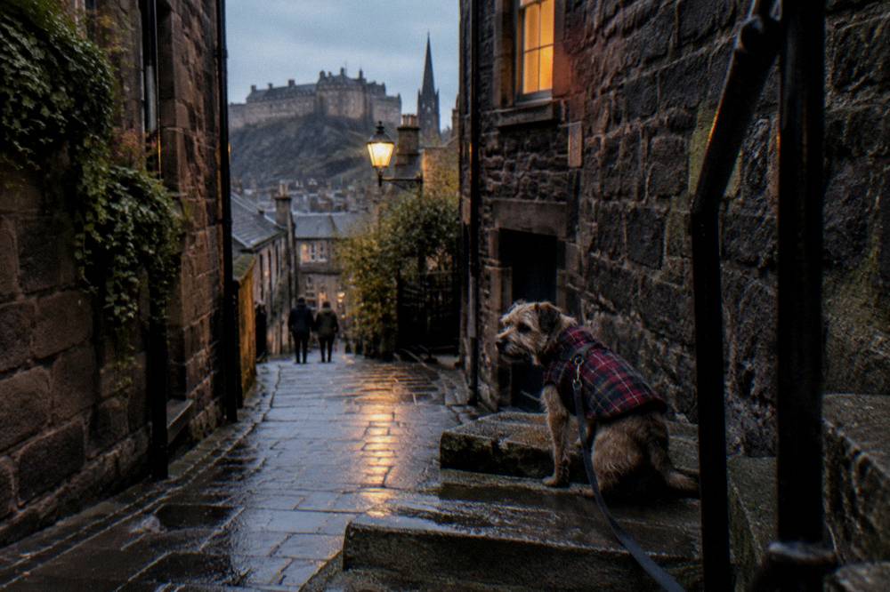 A leashed dog in a plaid coat sits on stone steps of a narrow alley with a castle beyond