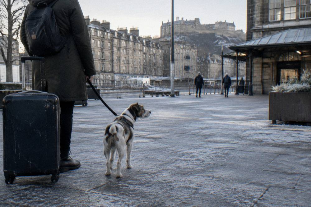 A person with a rolling suitcase walks a small dog on a lead along a paved city street